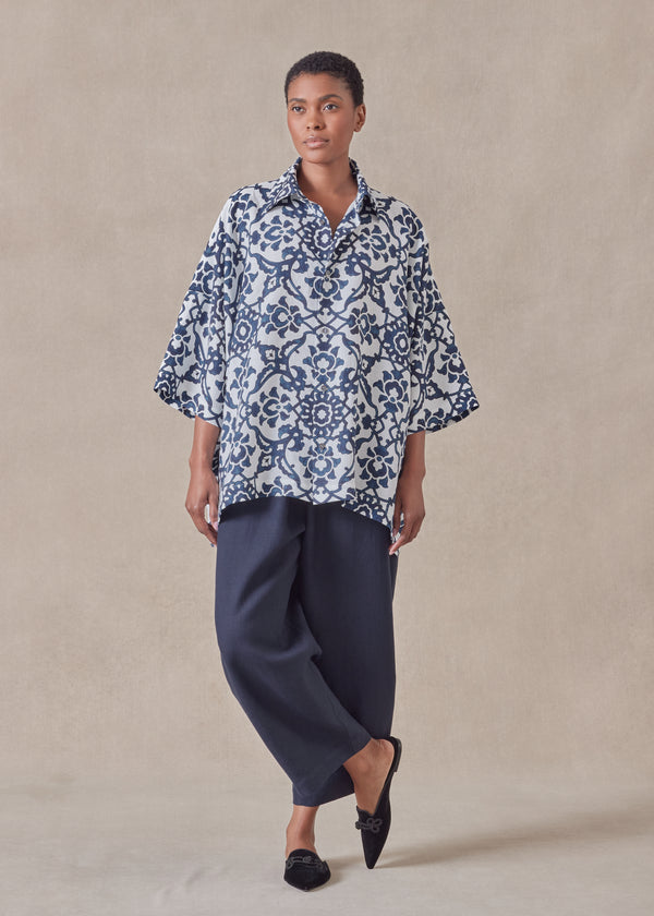 eskandar linen wide short sleeve shirt with collar - mid plus