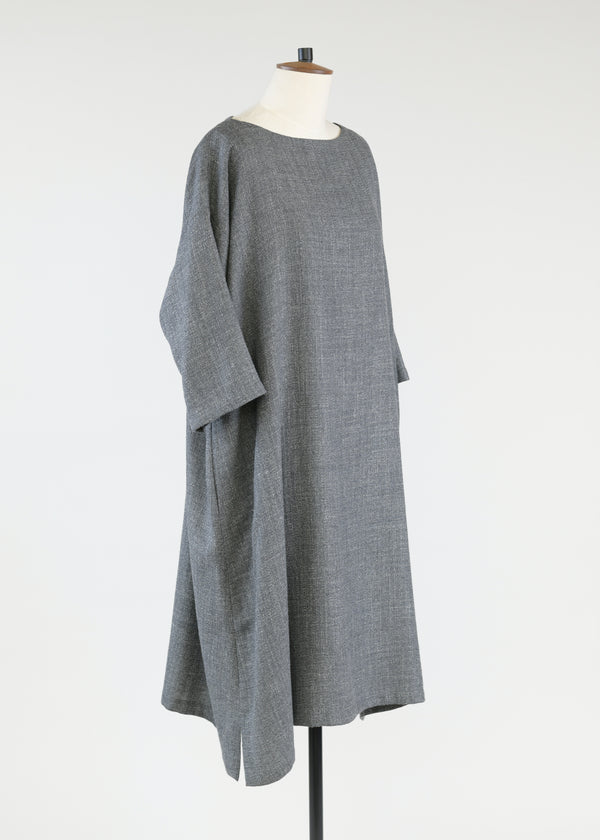 eskandar linen wool mix 3/4 sleeve wide a-line scoop neck dress - 3/4 length (lined)