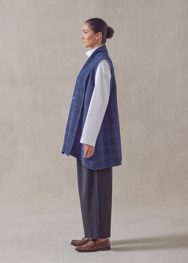 Eskandar Linen Wool Mix A-line Scrunch Shawl Collar Waistcoat - Long