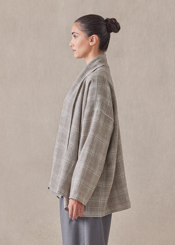 Eskandar Linen Wool Mix Wide A-line Scrunch Shawl Collar Jacket - Mid Plus