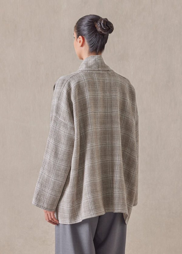 Eskandar Linen Wool Mix Wide A-line Scrunch Shawl Collar Jacket - Mid Plus