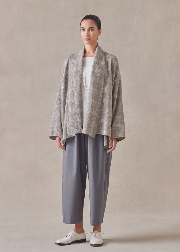 eskandar linen wool mix wide a-line scrunch shawl collar jacket - mid plus