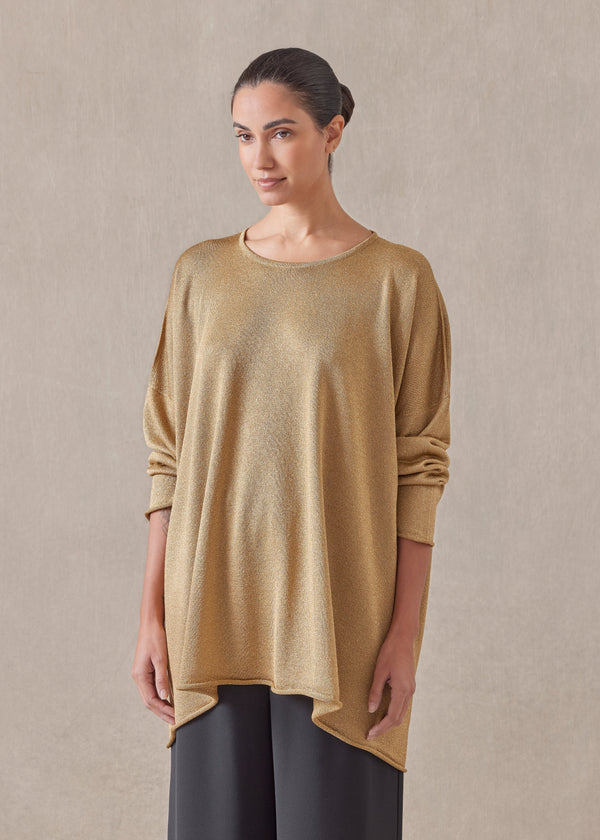 Eskandar Metallicised Mix A-line Bateau Neck Knitted Sweater - Long