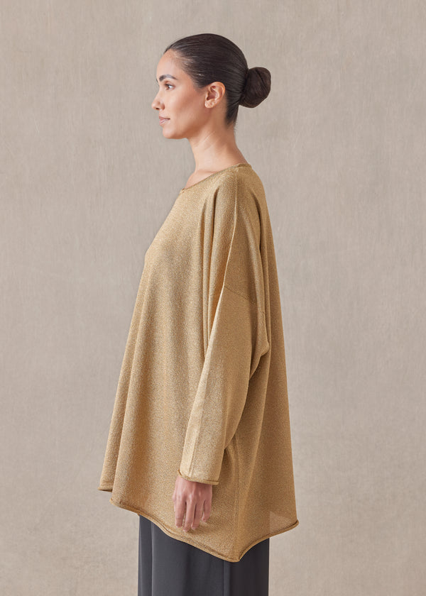 Eskandar Metallicised Mix A-line Bateau Neck Knitted Sweater - Long
