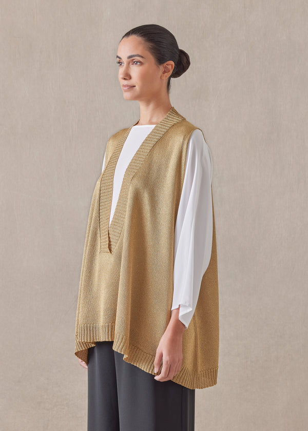 Eskandar Metallicised Mix A-line Sleeveless Deep V-neck Knitted Sweater - Mid Plus