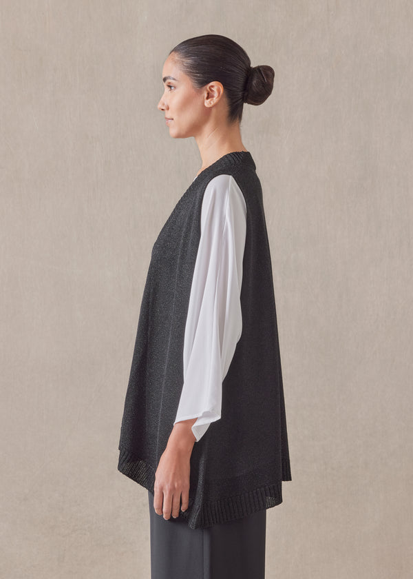 Eskandar Metallicised Mix A-line Sleeveless Deep V-neck Knitted Sweater - Mid Plus