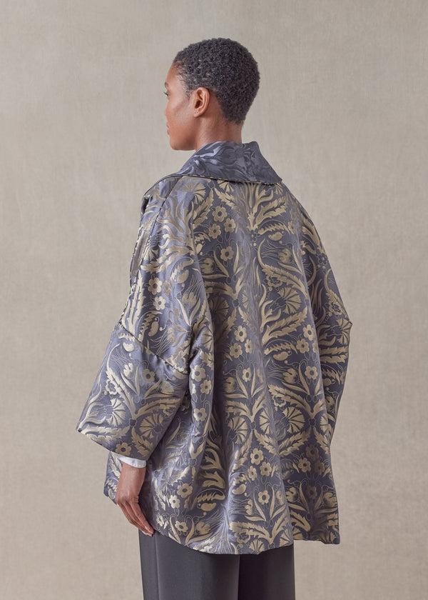 Eskandar Metallicised Mix Reversible Sloped Shoulder Shawl Collar Jacket - Long