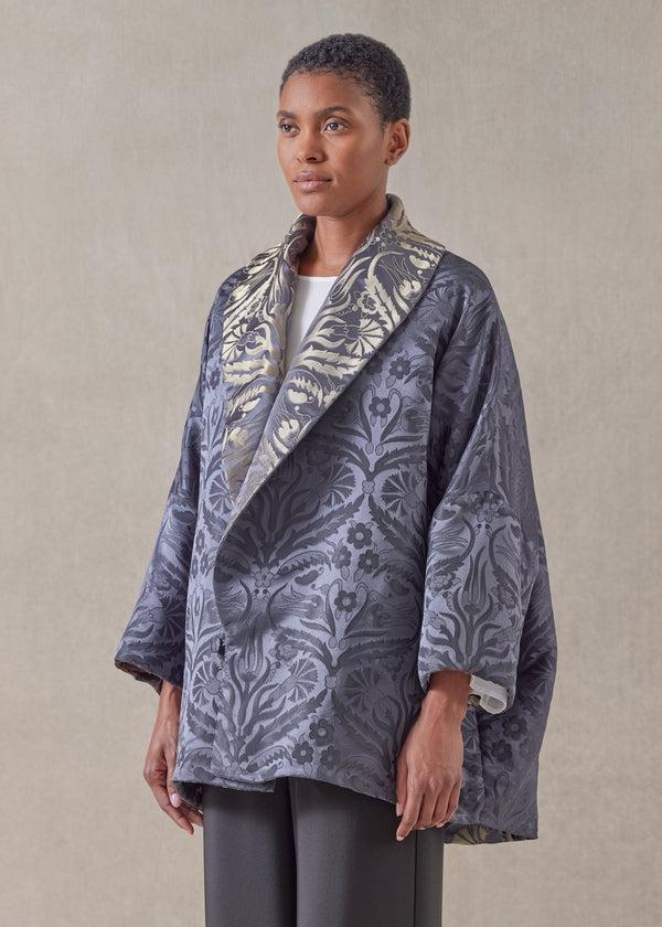 Eskandar Metallicised Mix Reversible Sloped Shoulder Shawl Collar Jacket - Long