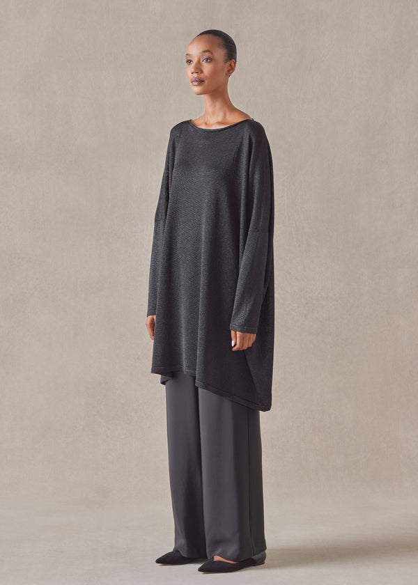 Eskandar Metallicised Mix Slim Sleeve Slash Neck Kaftan Knitted Sweater - Long Plus