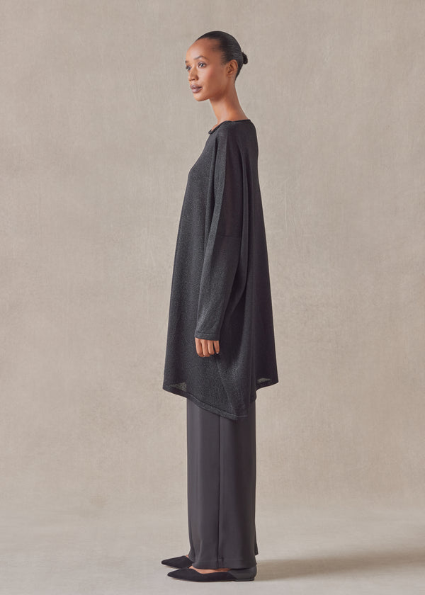 Eskandar Metallicised Mix Slim Sleeve Slash Neck Kaftan Knitted Sweater - Long Plus