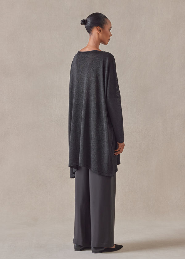 Eskandar Metallicised Mix Slim Sleeve Slash Neck Kaftan Knitted Sweater - Long Plus