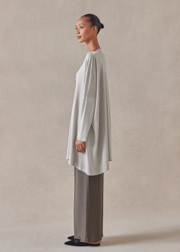 Eskandar Metallicised Mix Slim Sleeve Slash Neck Kaftan Knitted Sweater - Long Plus