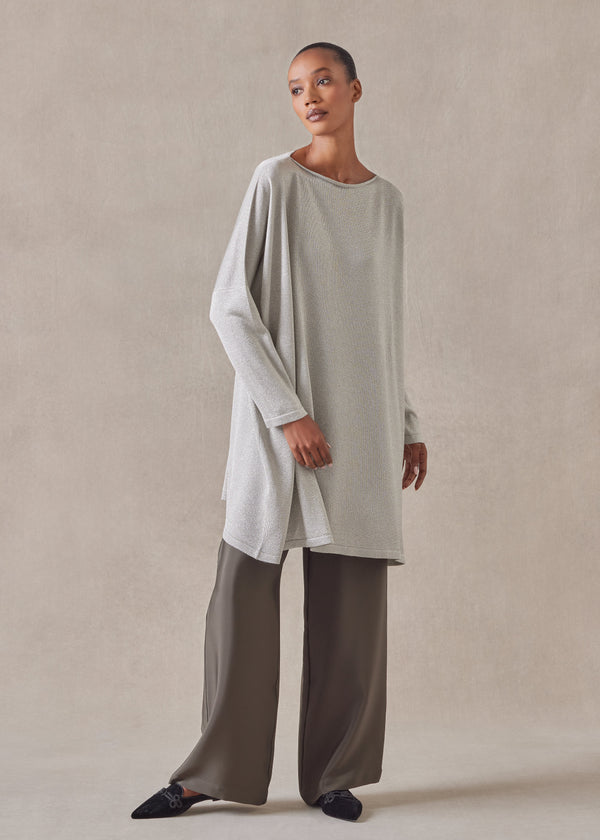 eskandar metallicised mix slim sleeve slash neck kaftan knitted sweater - long plus