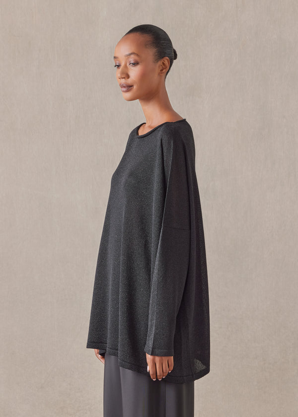 Eskandar Metallicised Mix Slim Sleeve Slash Neck Knitted Sweater - Mid Plus