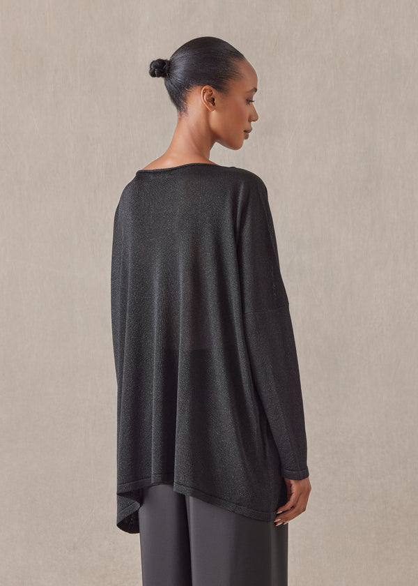 Eskandar Metallicised Mix Slim Sleeve Slash Neck Knitted Sweater - Mid Plus