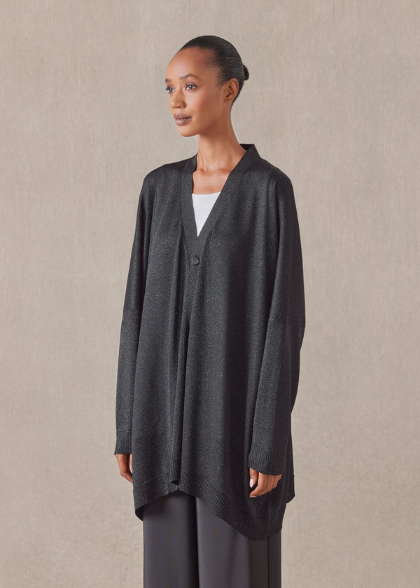 Eskandar Metallicised Mix Wide V Neck Knitted Cardigan - Long