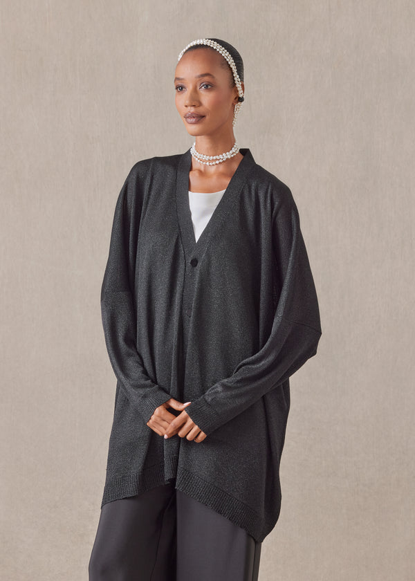 Eskandar Metallicised Mix Wide V Neck Knitted Cardigan - Long