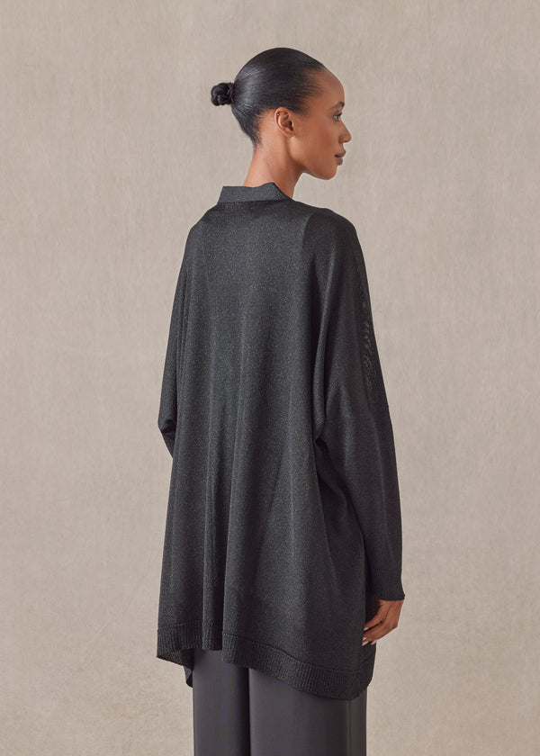 Eskandar Metallicised Mix Wide V Neck Knitted Cardigan - Long