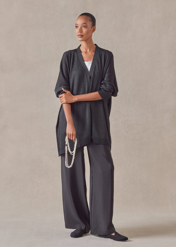 eskandar metallicised mix wide v neck knitted cardigan - long