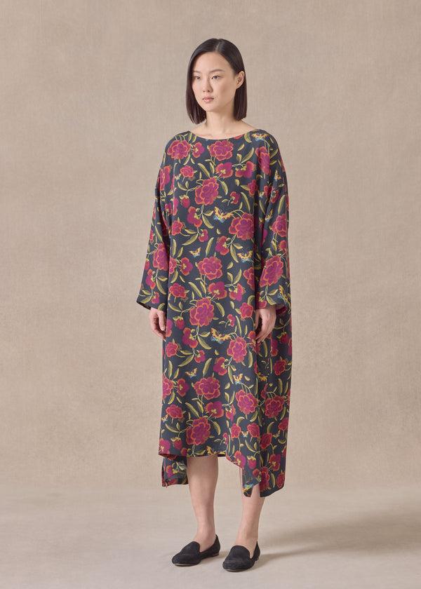 Eskandar Silk 3/4 Sleeve Wide A-line Scoop Neck Dress