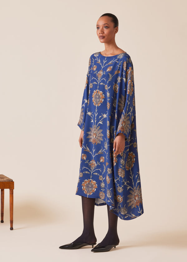 eskandar silk 3/4 sleeve wide a-line scoop neck dress