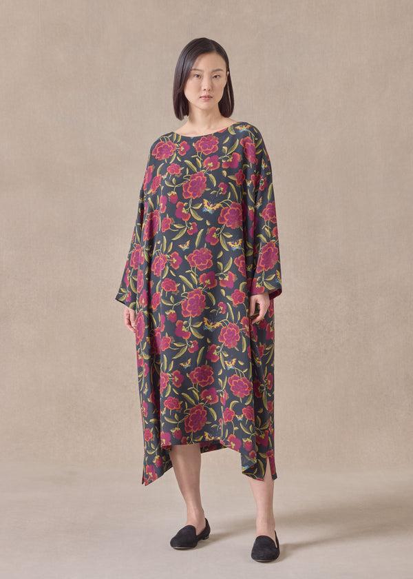 eskandar silk 3/4 sleeve wide A-line scoop neck dress