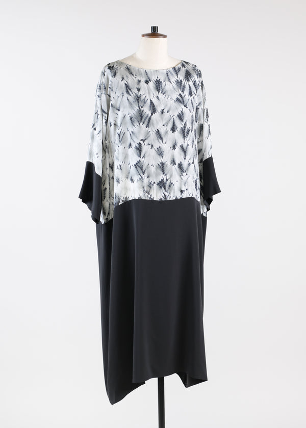 eskandar silk a-line scoop neck 3/4 sleeve dress with contrast panel