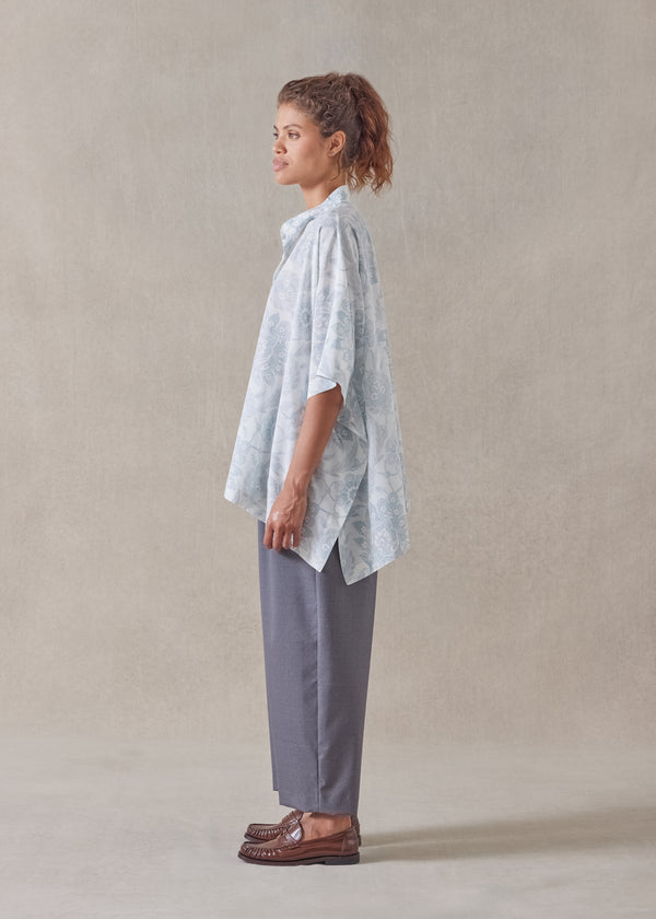 Eskandar Silk Collarless Longer Back Kaftan Shirt - Mid Plus