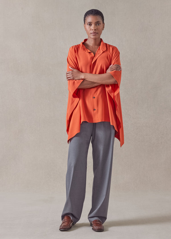 eskandar silk collarless longer back kaftan shirt - mid plus