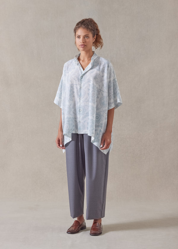 eskandar silk collarless longer back kaftan shirt - mid plus