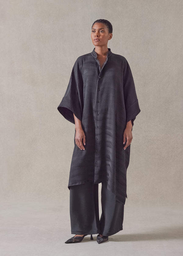 eskandar silk collarless short sleeve kaftan shirt- very long