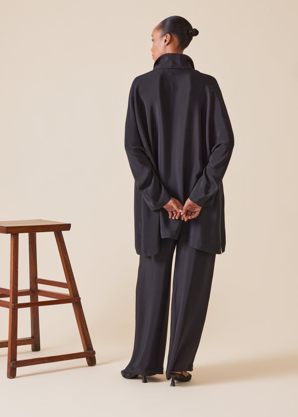 Eskandar Silk Imperial Tunic With Open Stand Collar - Long Plus