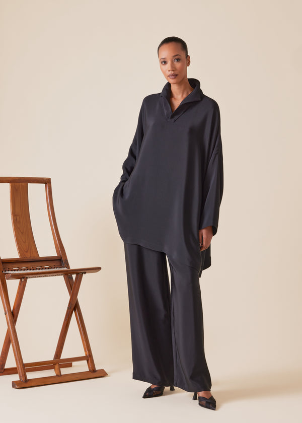 eskandar silk imperial tunic with open stand collar - long plus