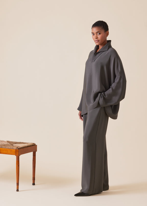 Eskandar Silk Imperial Tunic With Open Stand Collar - Mid Plus