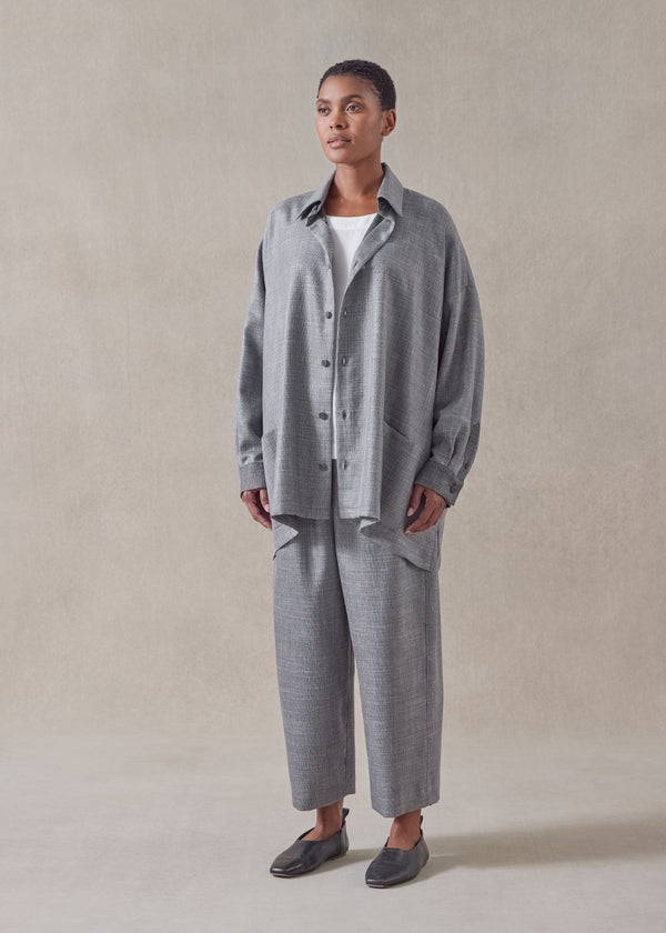 Eskandar Silk Linen Wool Mix Wide A-line Shirt Jacket With Collar - Long