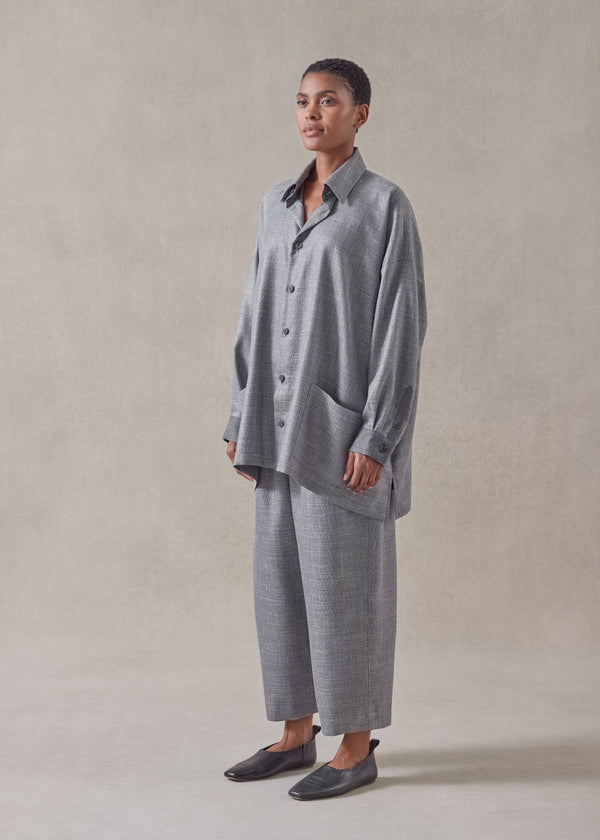 Eskandar Silk Linen Wool Mix Wide A-line Shirt Jacket With Collar - Long