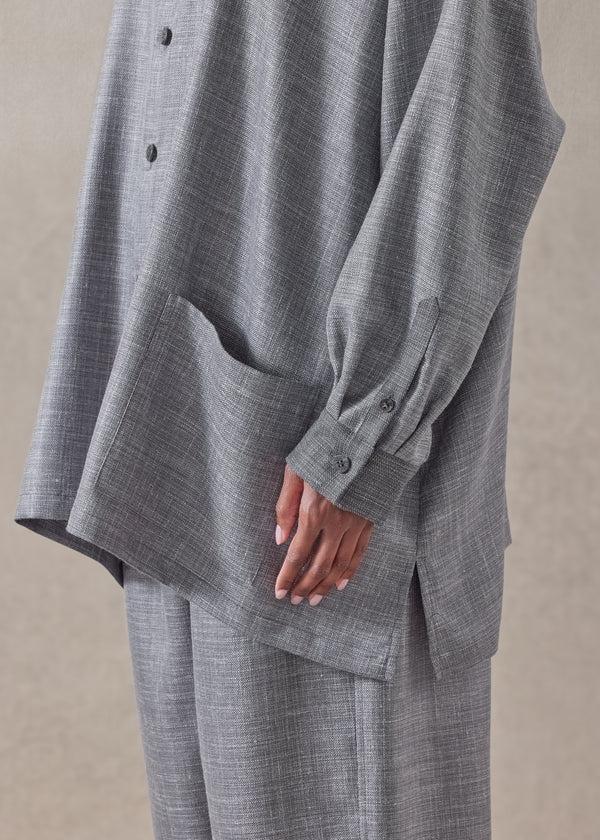 Eskandar Silk Linen Wool Mix Wide A-line Shirt Jacket With Collar - Long