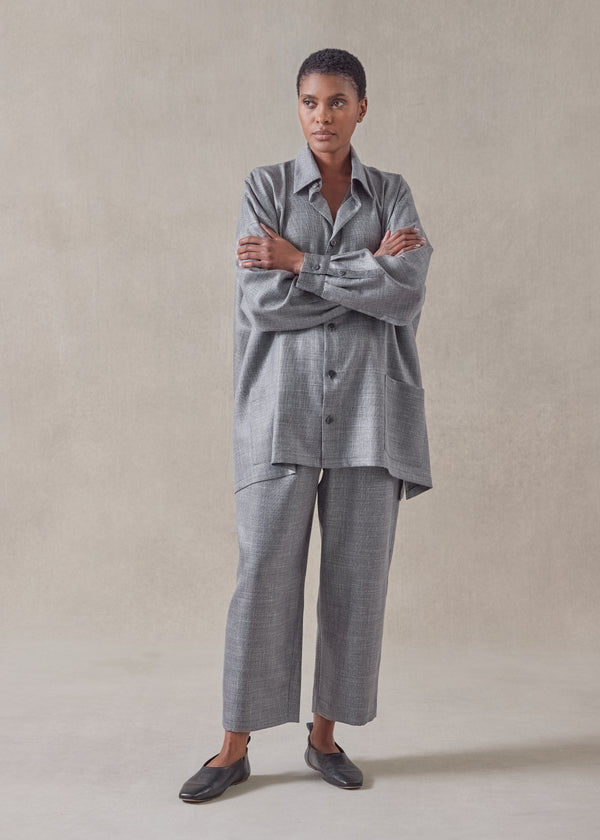 eskandar silk linen wool mix wide a-line shirt jacket with collar - long