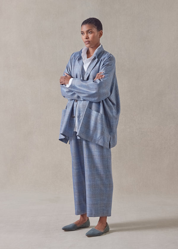 Eskandar Silk Linen Wool Mix Wide Mandarin Jacket - Long