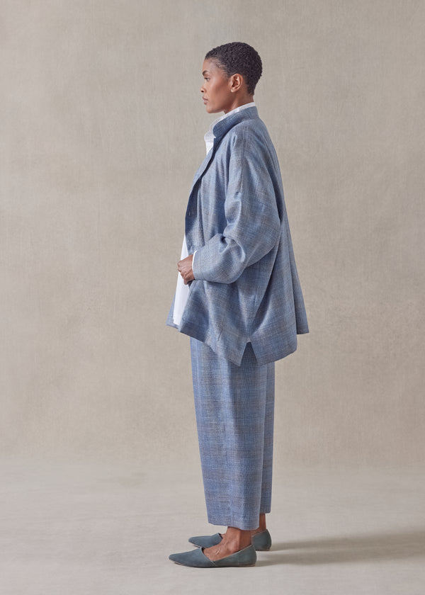 Eskandar Silk Linen Wool Mix Wide Mandarin Jacket - Long