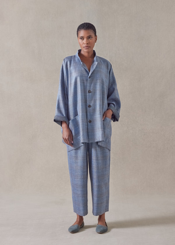 eskandar silk linen wool mix wide mandarin jacket - long