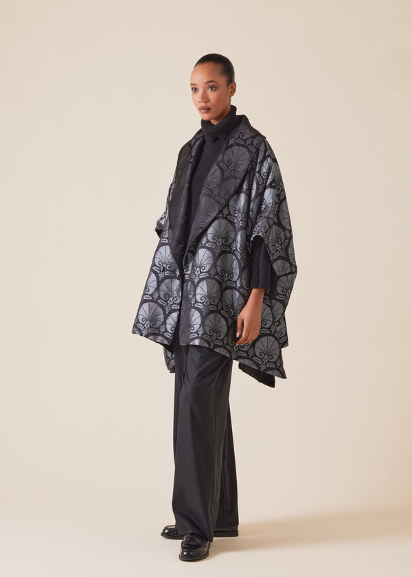 eskandar silk mix sloped shoulder shawl collar sleeveless jacket - long plus (reversible)