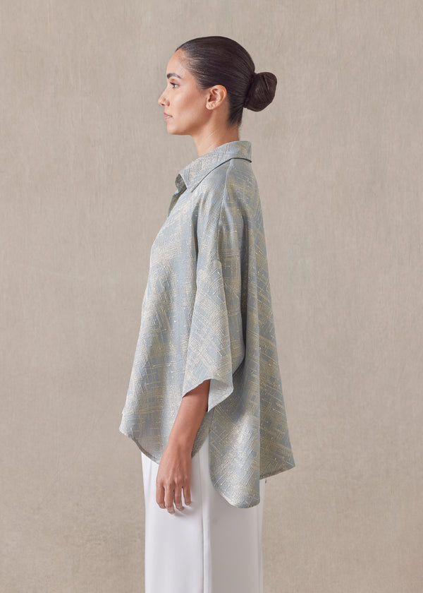 Eskandar Silk Mix Sloped Shoulder Wide A-line Short Sleeve Shirt With Collar - Mid