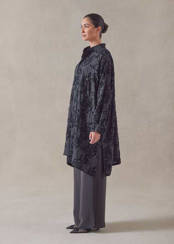 Eskandar Silk Mix Wide A-line Collarless Shirt - Very Long With Slits