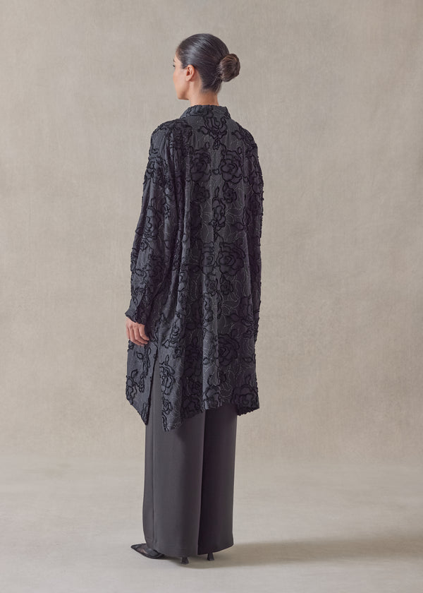 Eskandar Silk Mix Wide A-line Collarless Shirt - Very Long With Slits