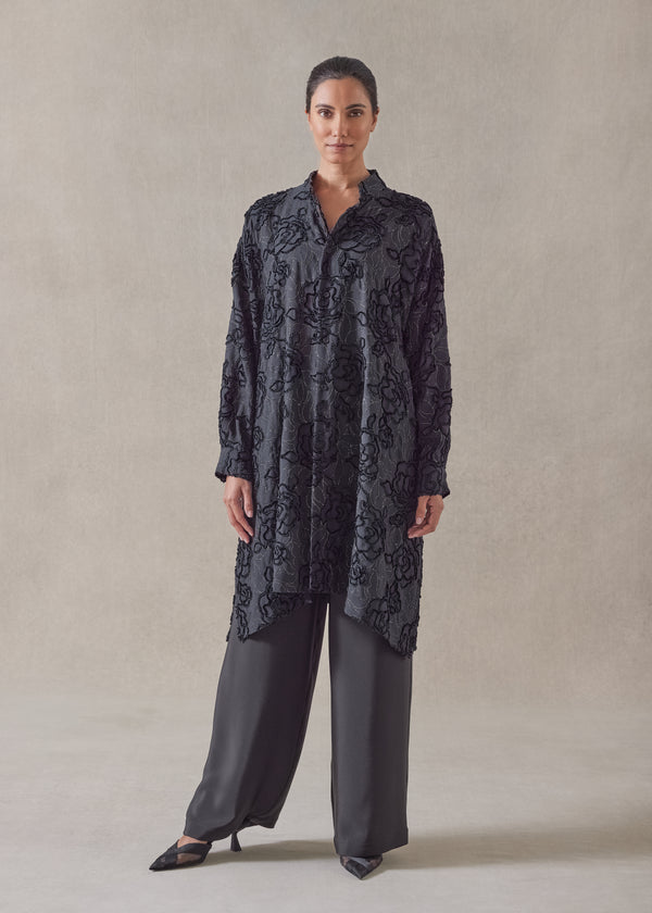 eskandar silk mix wide a-line collarless shirt - very long with slits