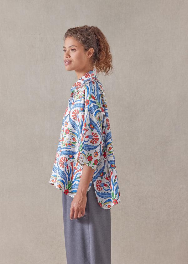 Eskandar Silk Sloped Shoulder Wide A-line Short Sleeve Shirt With Collar - Mid