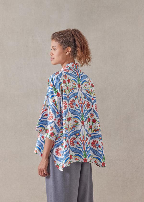 Eskandar Silk Sloped Shoulder Wide A-line Short Sleeve Shirt With Collar - Mid