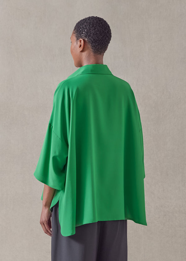 Eskandar Silk Sloped Shoulder Wide A-line Short Sleeve Shirt With Collar - Mid