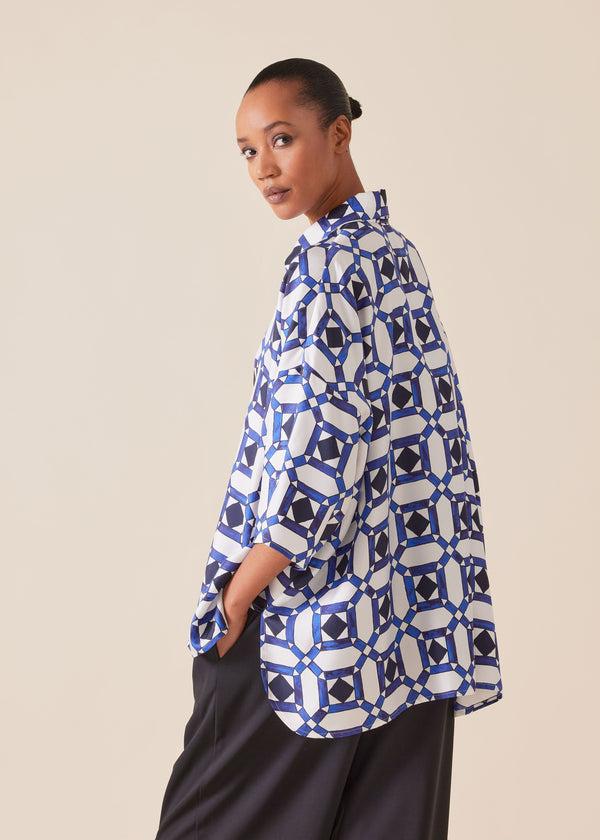 Eskandar Silk Sloped Shoulder Wide A-line Short Sleeve Shirt With Collar - Mid Plus